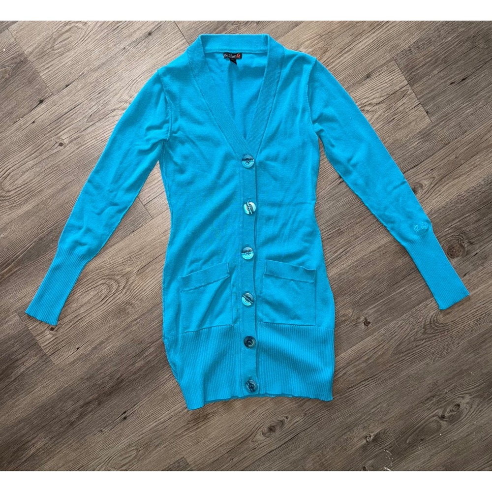 G by GUESS Womens Teal Blue Longline V-Neck Button Front Cardigan Sweater XS